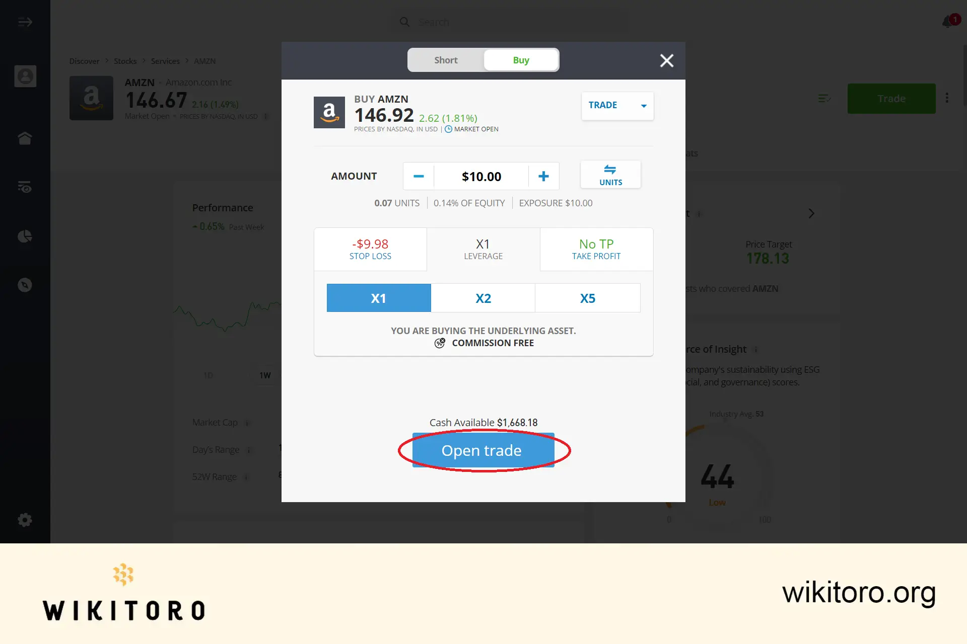 执行 eToro Amazon 股票交易