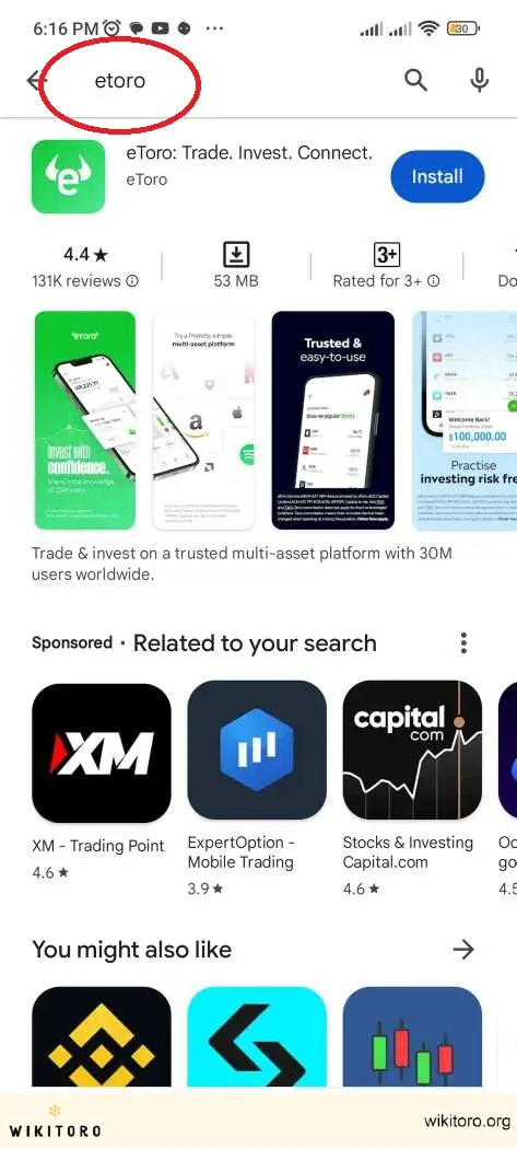 在 Play Store 上搜索 eToro 应用程序
