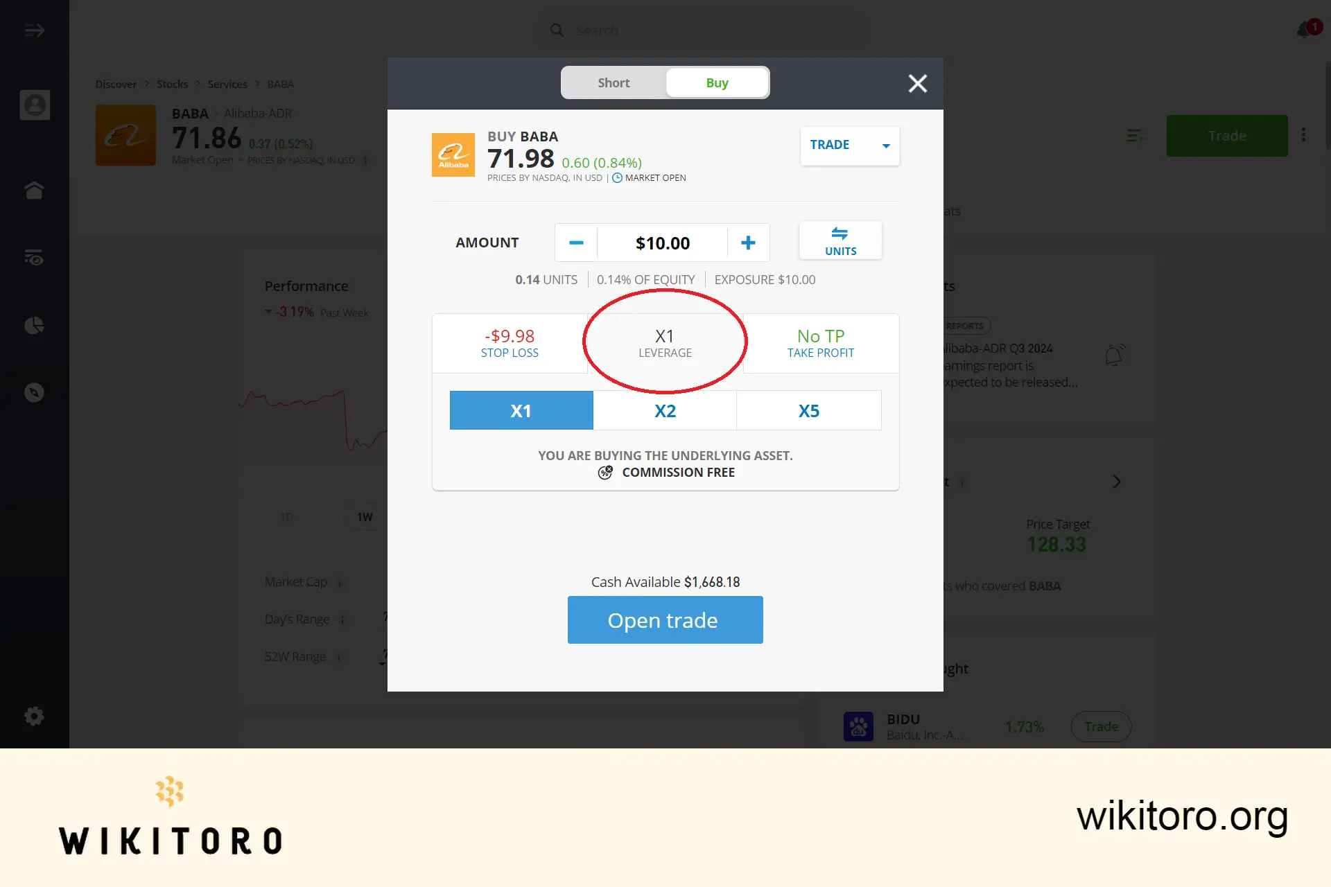 设置 eToro 阿里巴巴股票交易参数