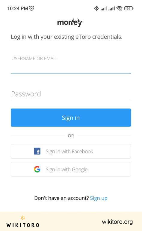 eToro Money 应用程序登录屏幕