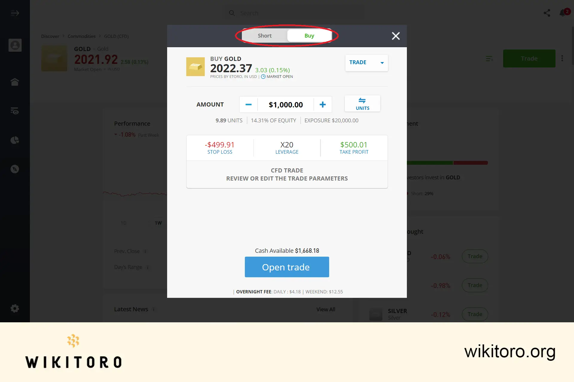 在 eToro 上买入黄金做空
