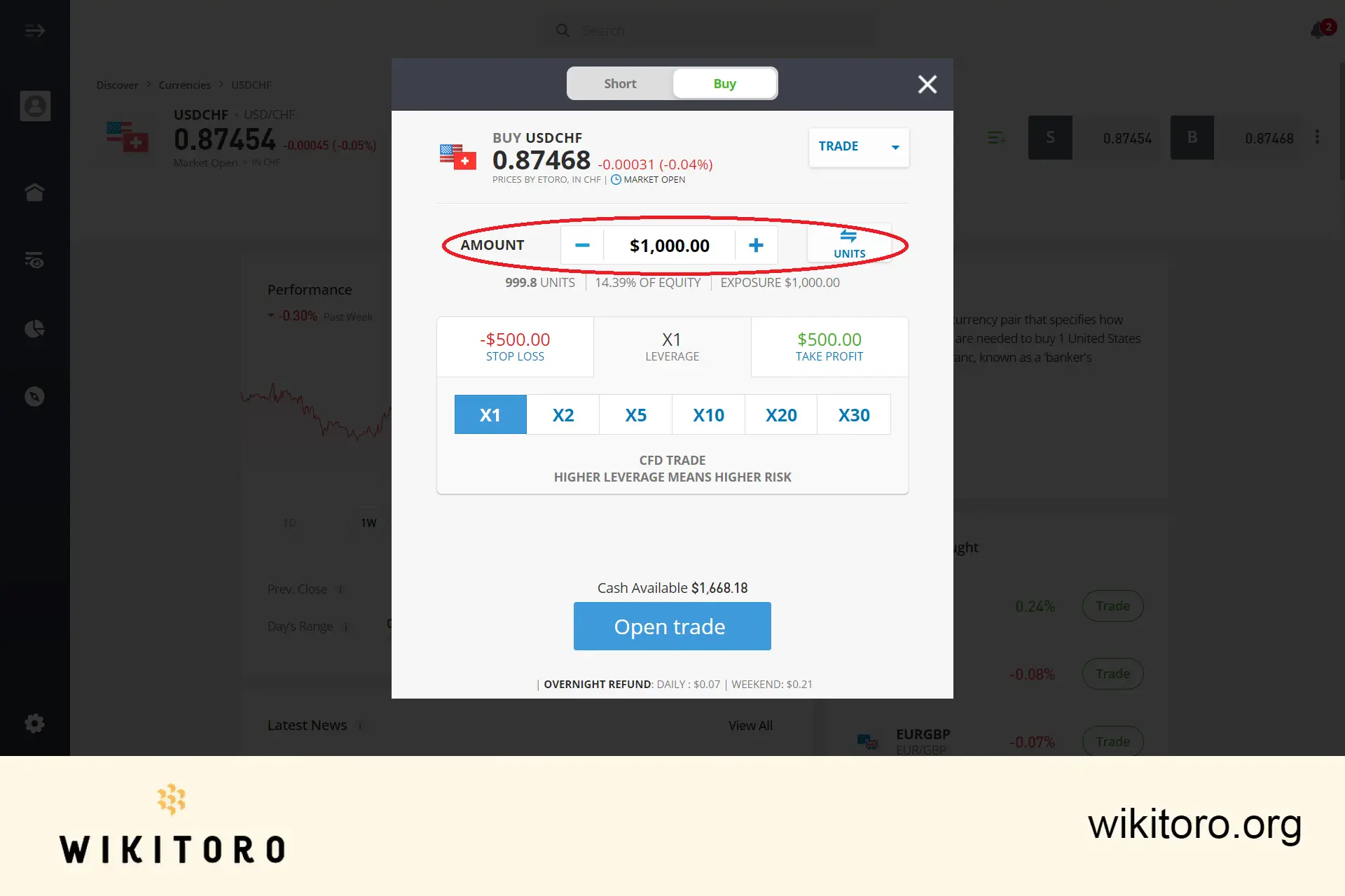 输入 eToro USDCHF 交易金额