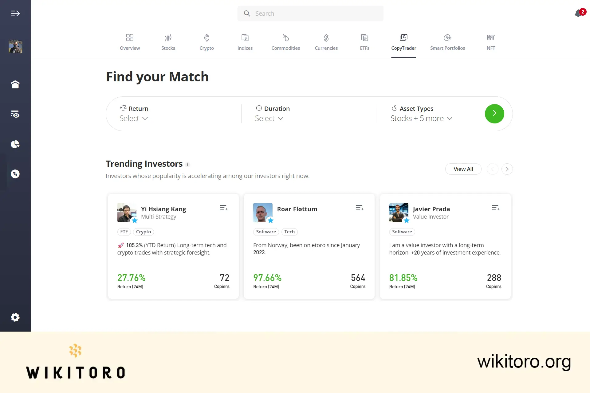 eToro CopyTrader 页面
