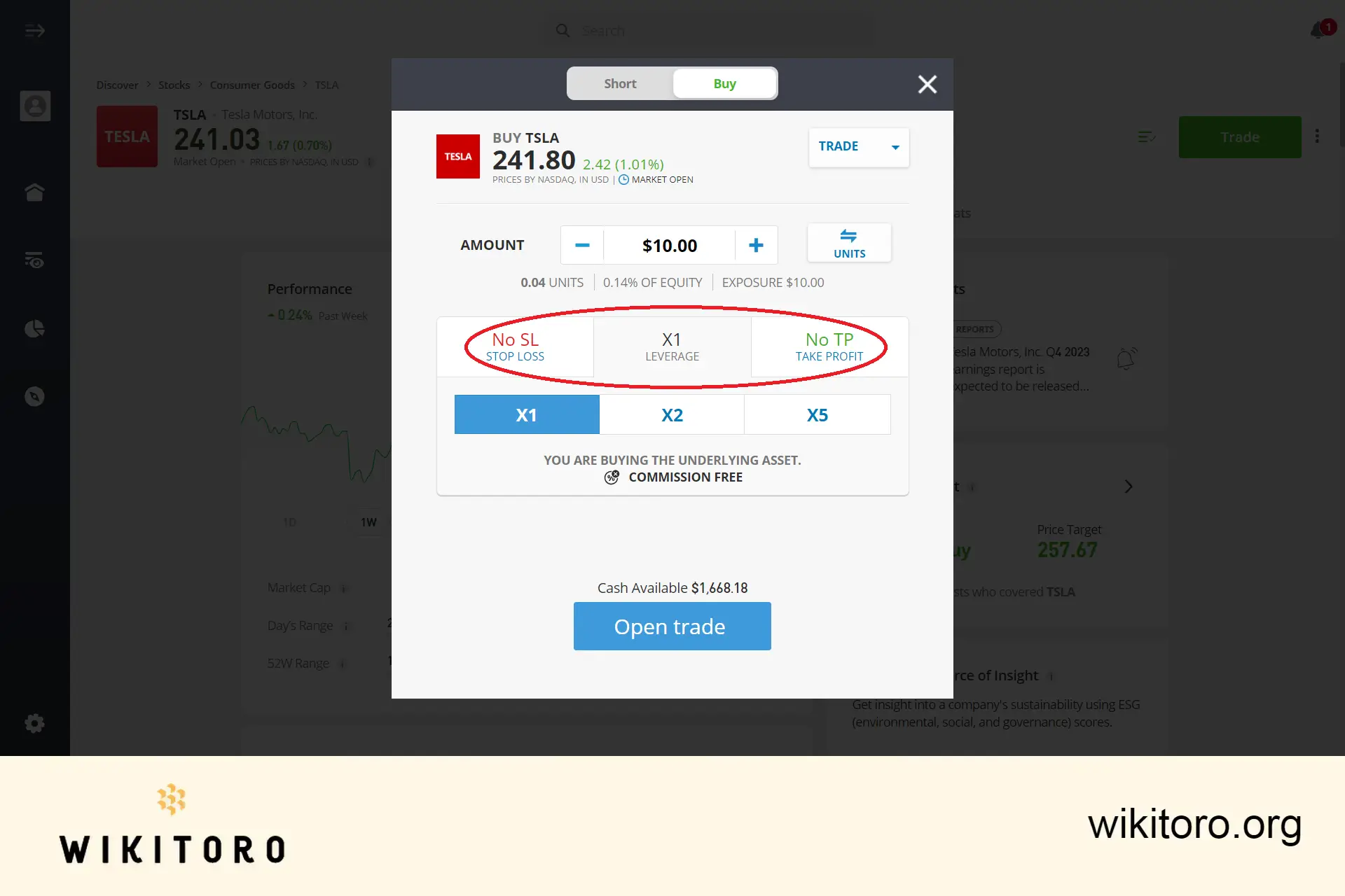 设置 eToro 特斯拉股票交易参数