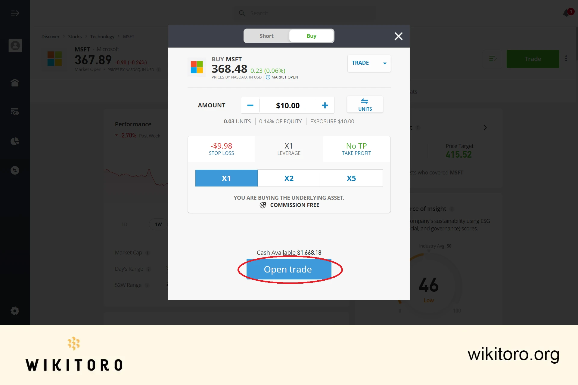 执行 eToro Microsoft 股票交易