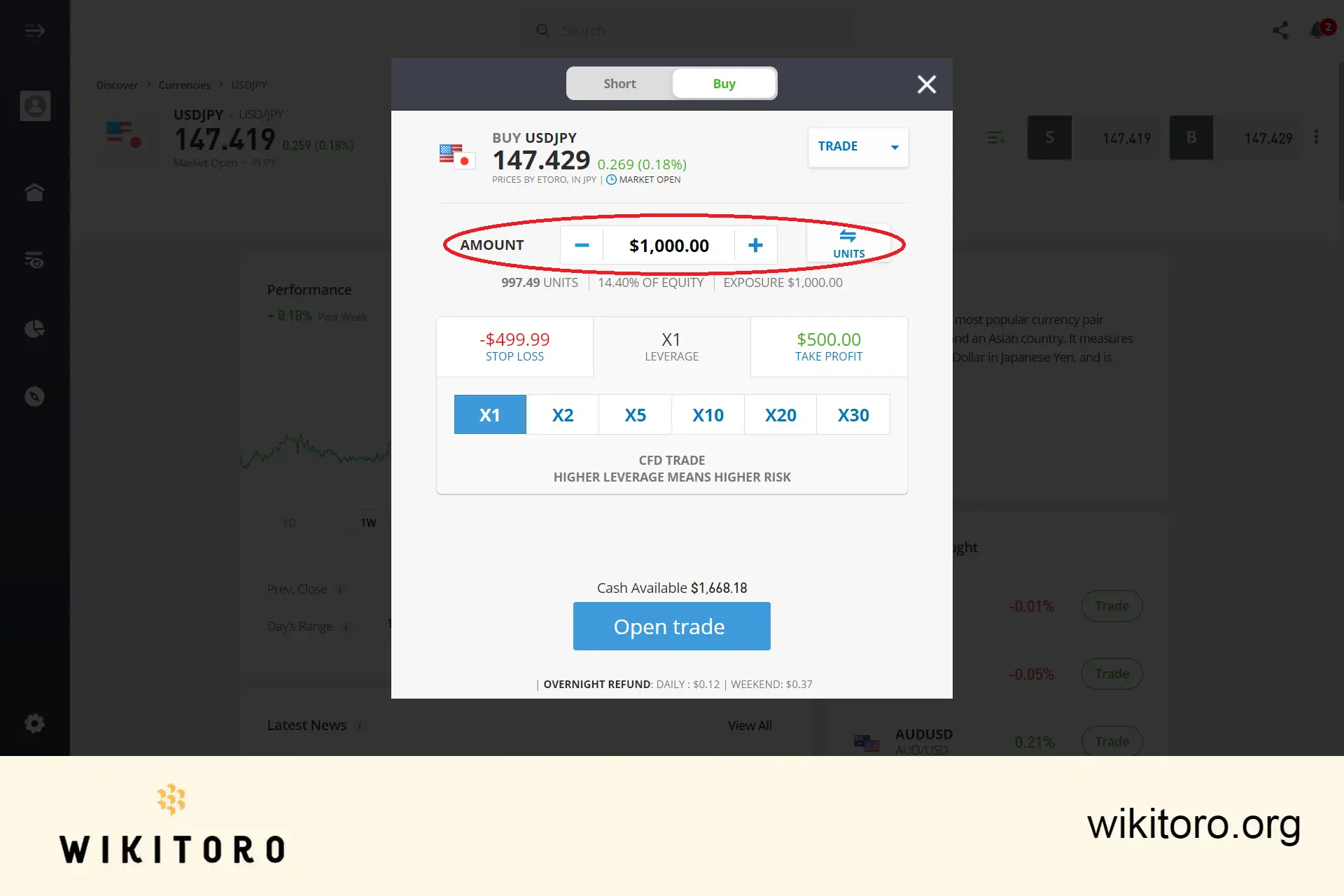 输入 eToro USDJPY 交易金额