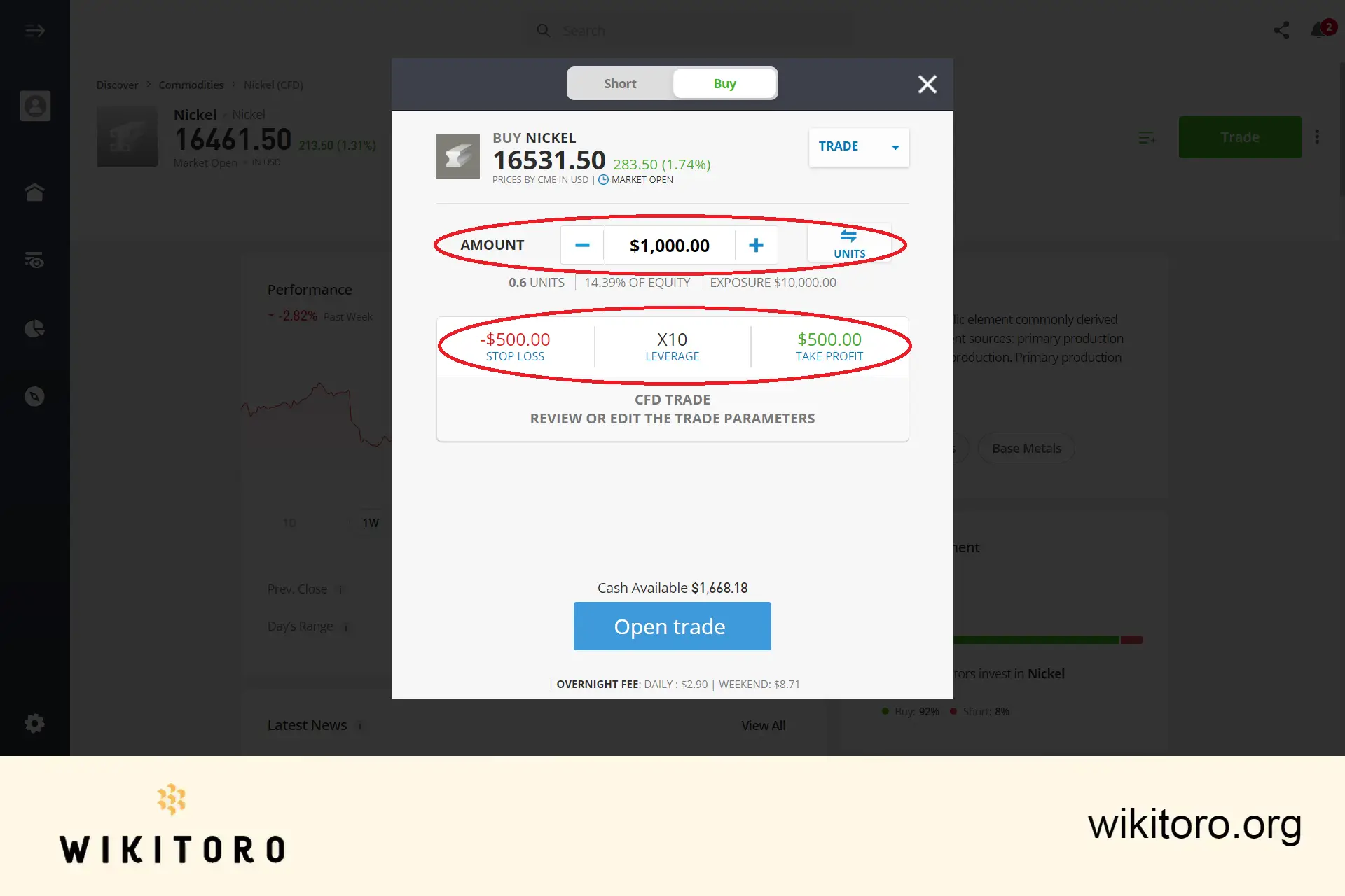 在 eToro 上设置镍交易参数