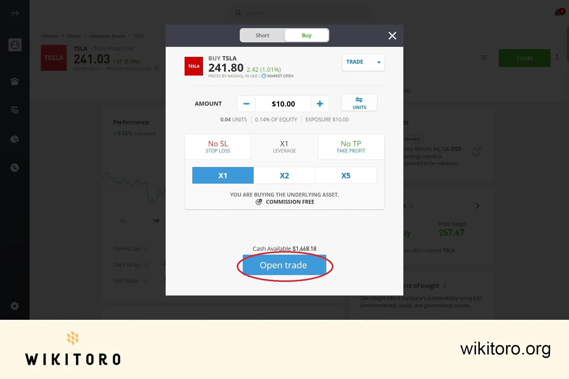 执行 eToro 特斯拉股票交易