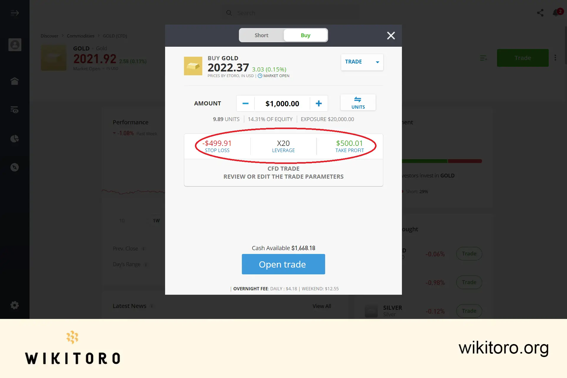 设置 eToro 黄金交易参数