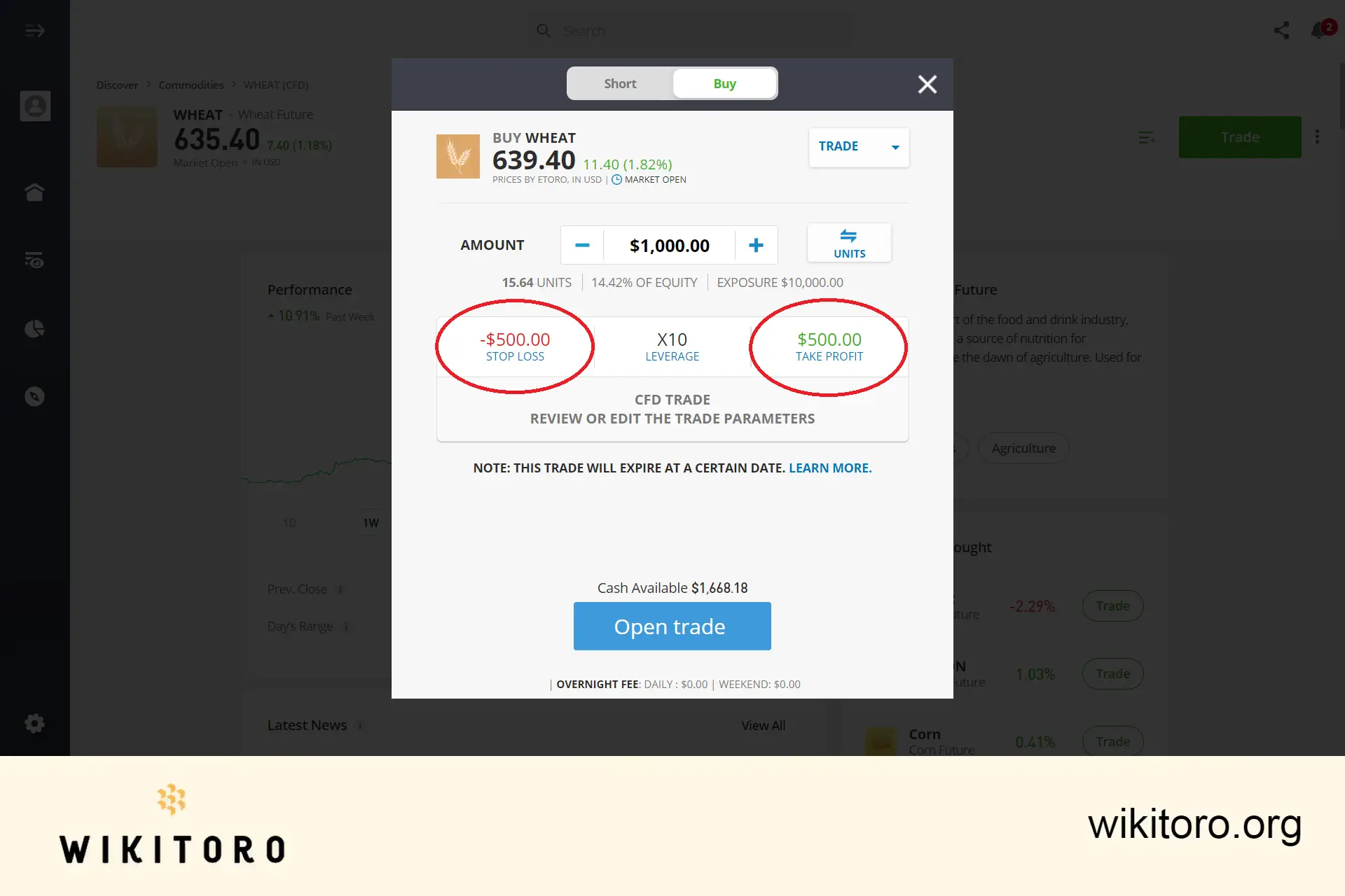 在 eToro 上设置小麦交易参数