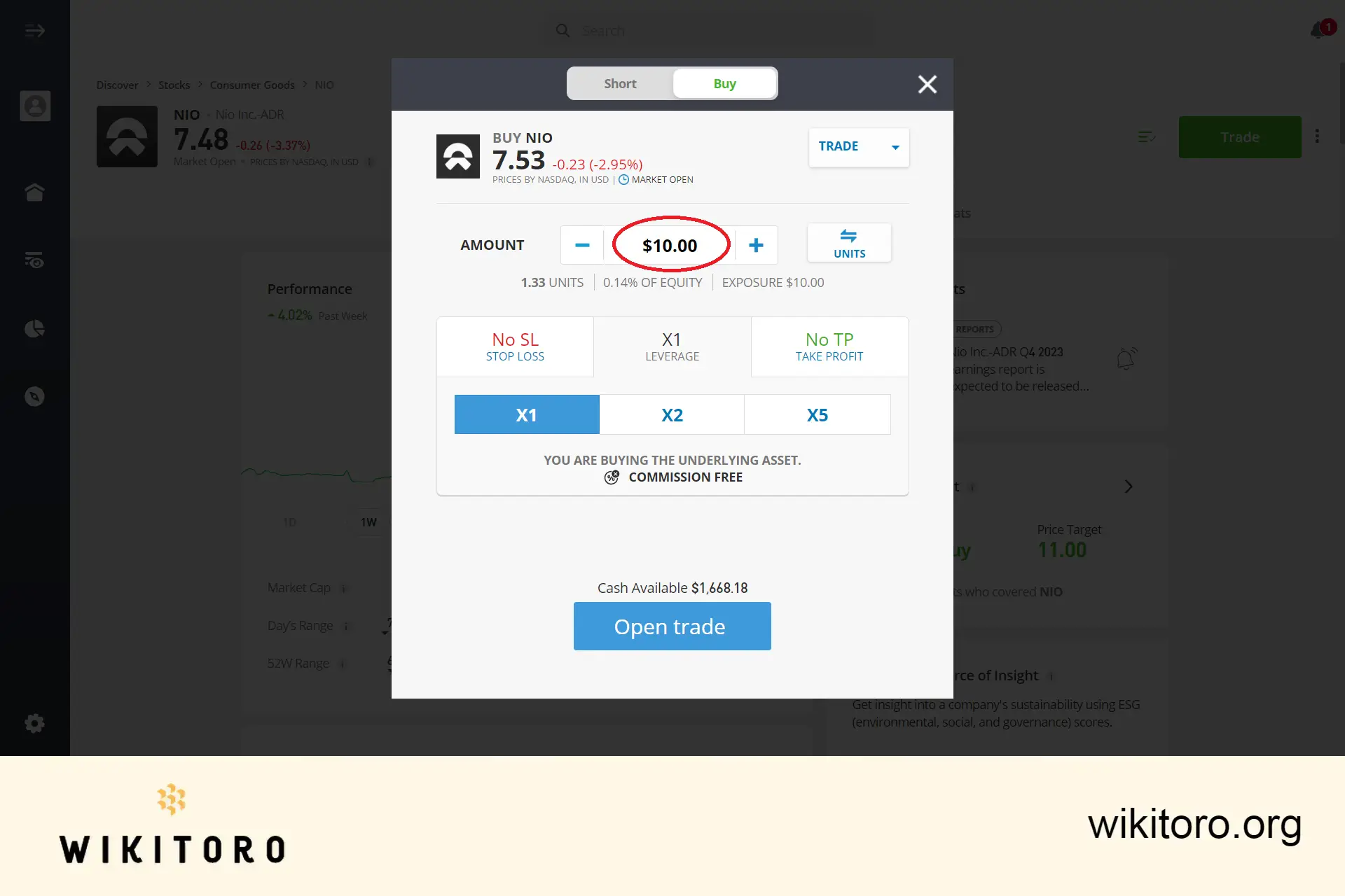在 eToro 上输入 NIO 股票投资金额