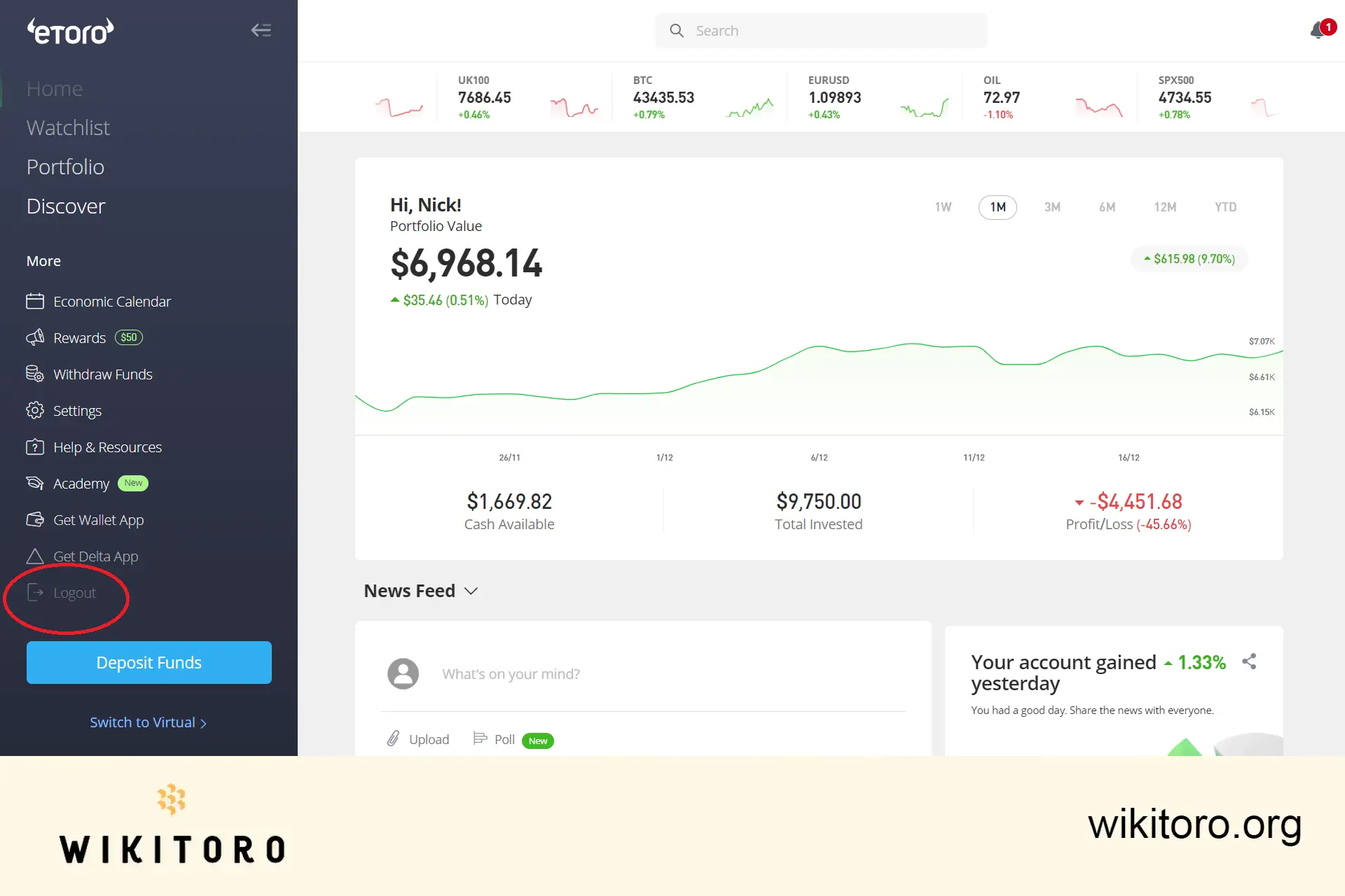 eToro 平台上的注销链接