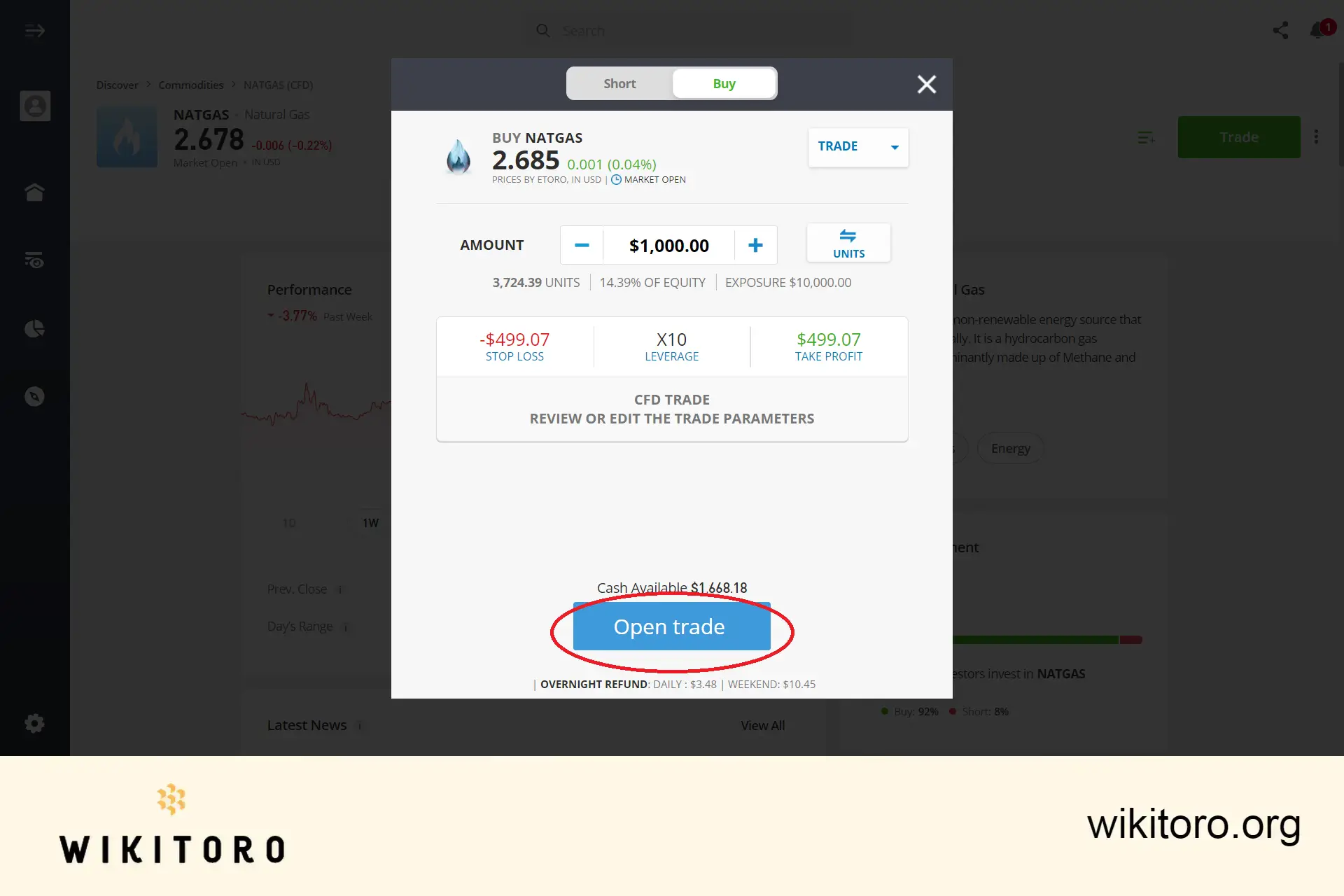 执行 eToro 天然气交易订单