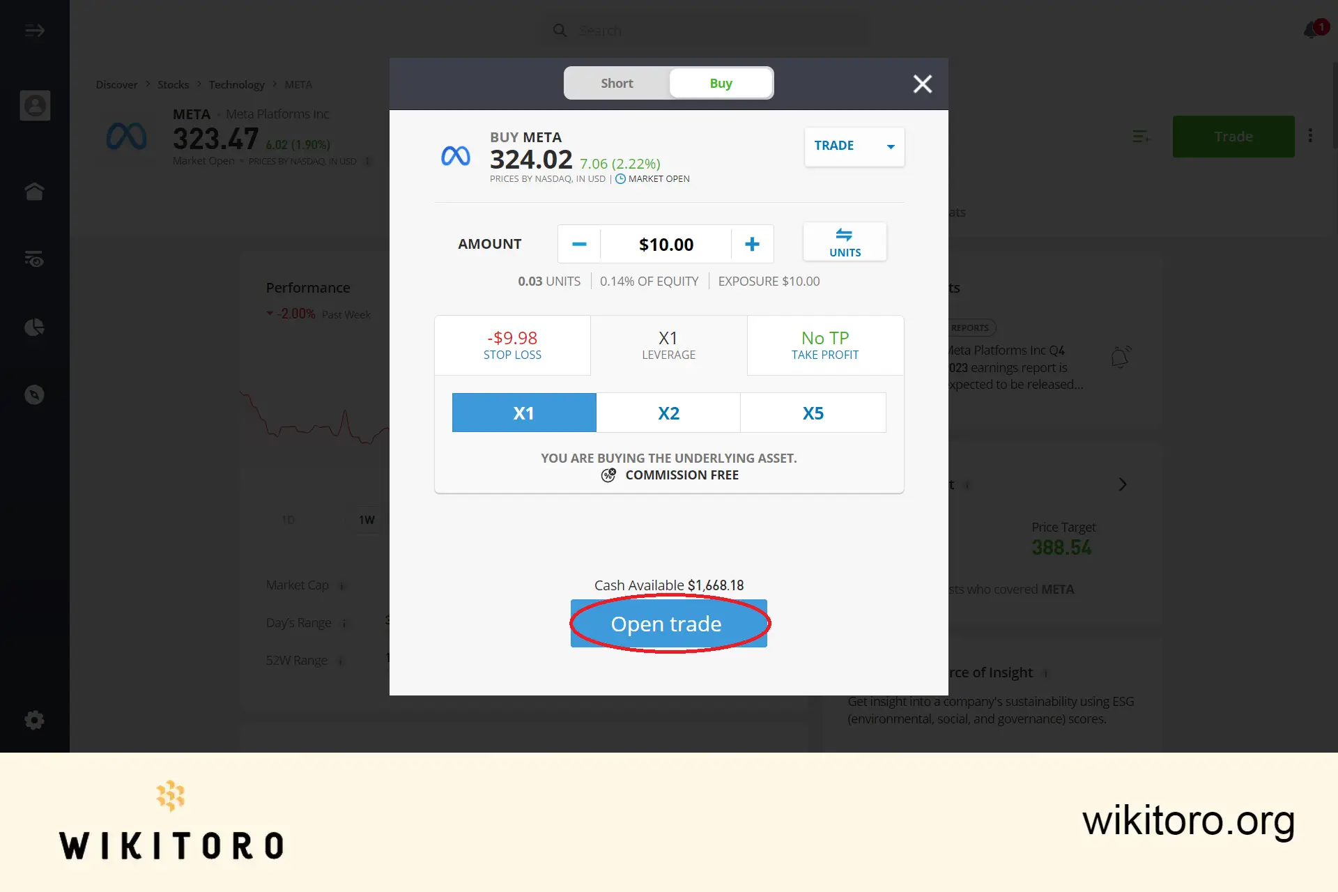 执行 eToro Meta 股票交易