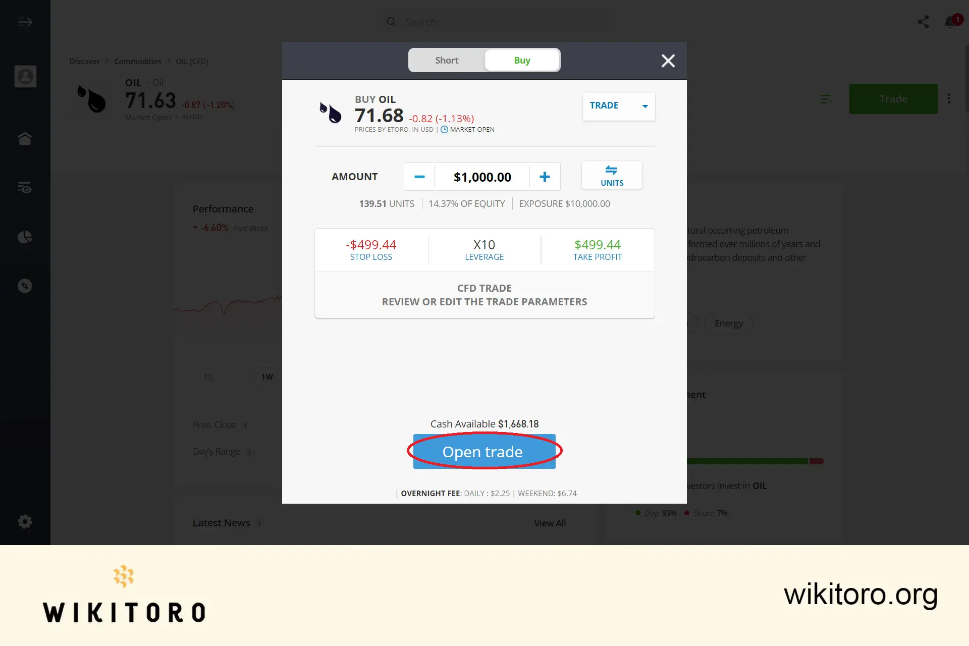 执行 eToro 原油交易订单